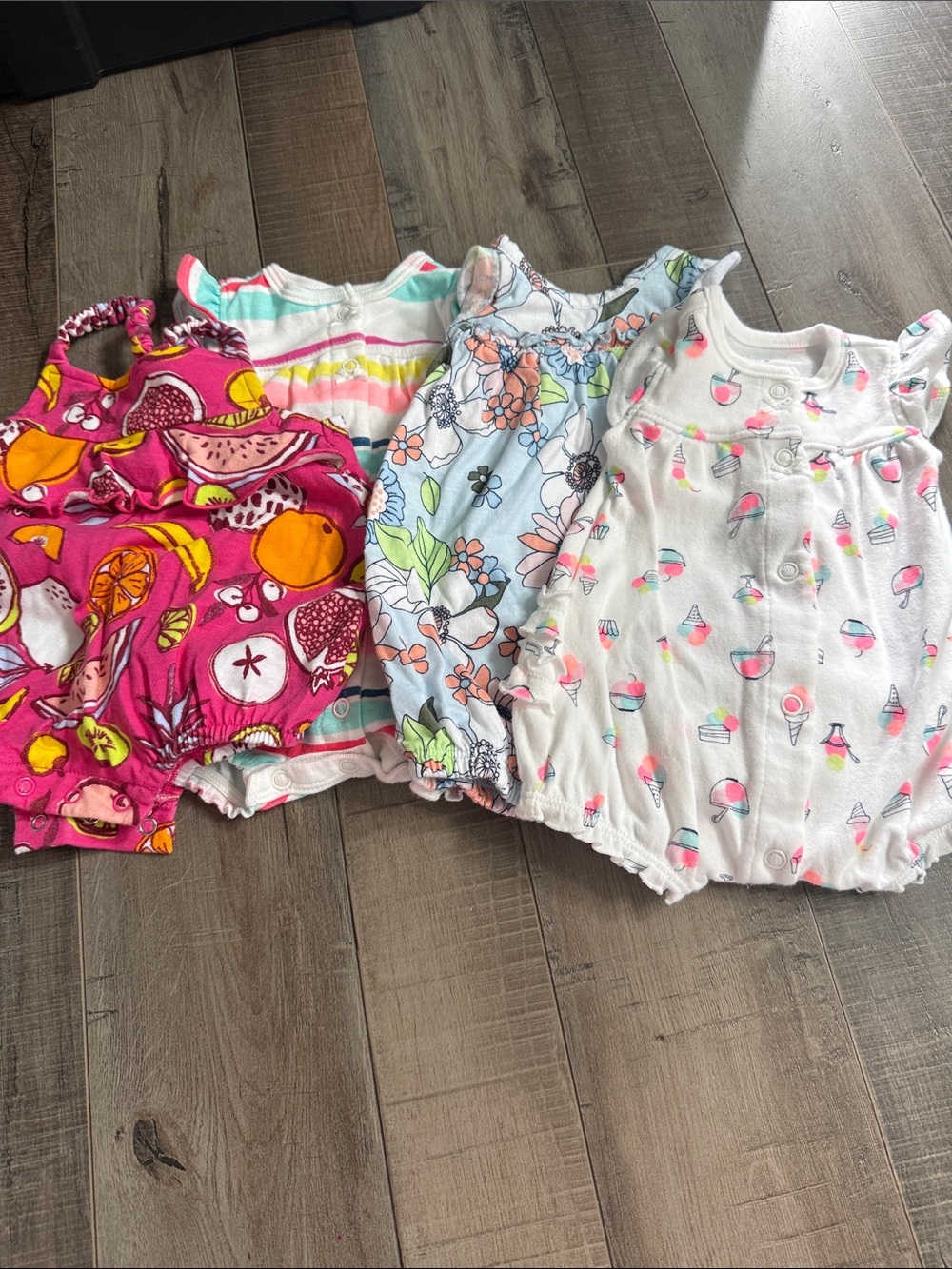Set of 4 Colorful Baby Girl Rompers - Fruit, Stripes, Floral, Ice Cream